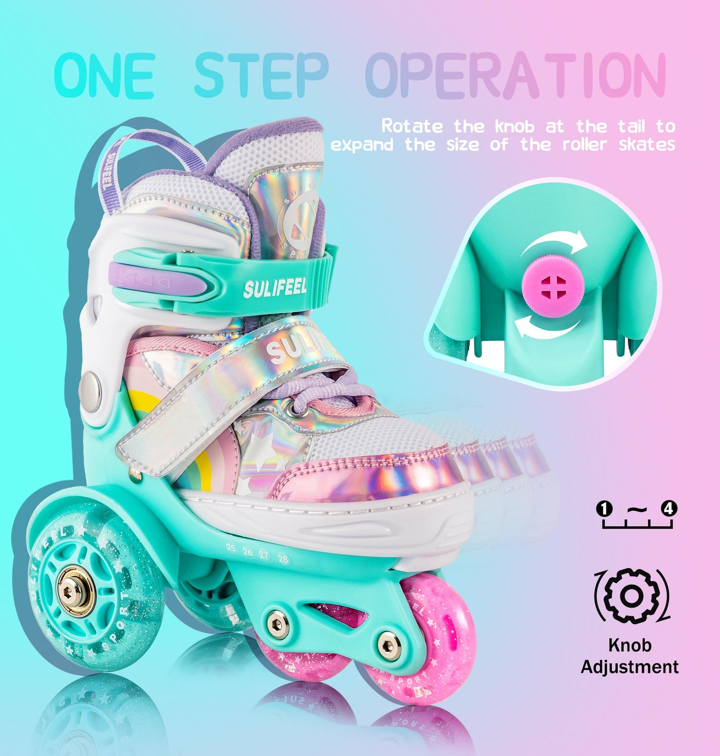 SULIFEEL Rainbow Unicorn 4 Size Adjustable Light up Roller Skates for Girls Boys for Kids Medium
