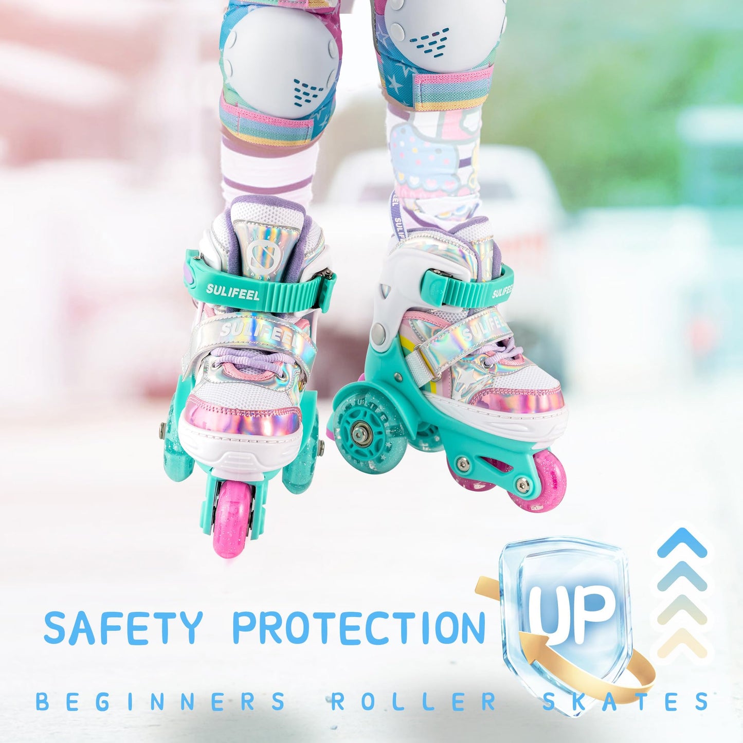 SULIFEEL Rainbow Unicorn 4 Size Adjustable Light up Roller Skates for Girls Boys for Kids Medium