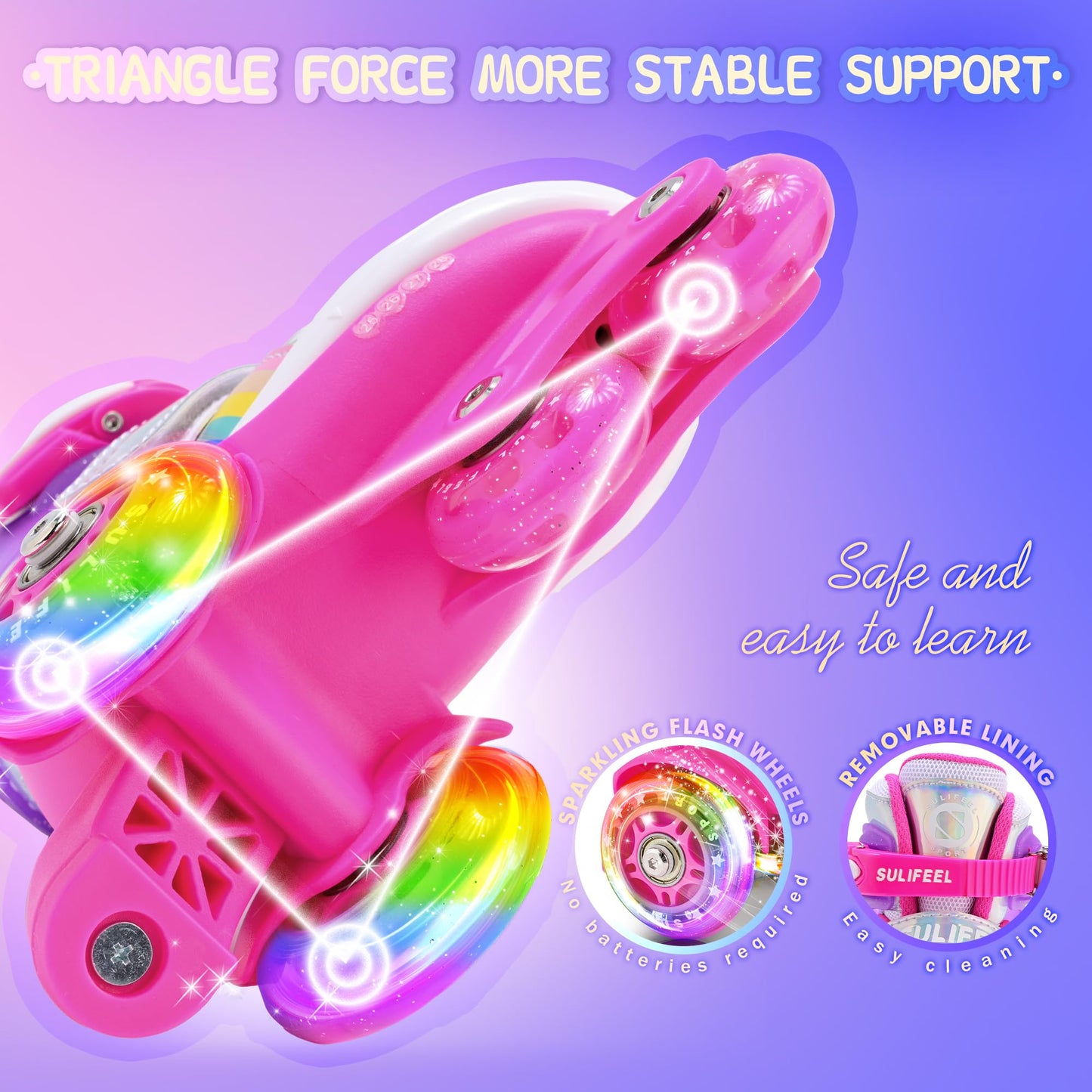 SULIFEEL Rainbow Unicorn 4 Size Adjustable Light up Roller Skates for Girls Boys for Kids Medium