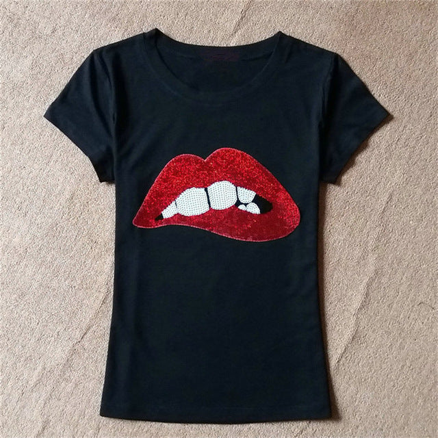Cotton tshirt women tops sexy lip sequin top t shirt women clothing summer short sleeve o-neck camiseta poleras de mujer