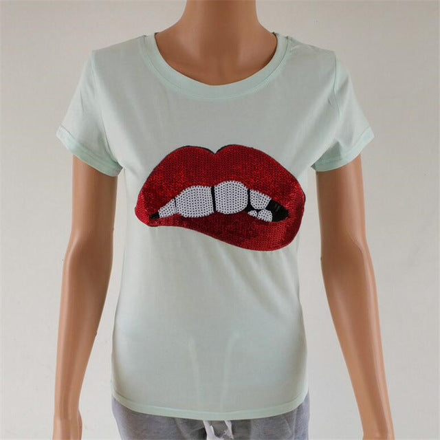 Cotton tshirt women tops sexy lip sequin top t shirt women clothing summer short sleeve o-neck camiseta poleras de mujer