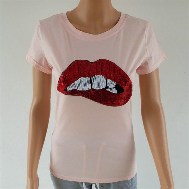 Cotton tshirt women tops sexy lip sequin top t shirt women clothing summer short sleeve o-neck camiseta poleras de mujer