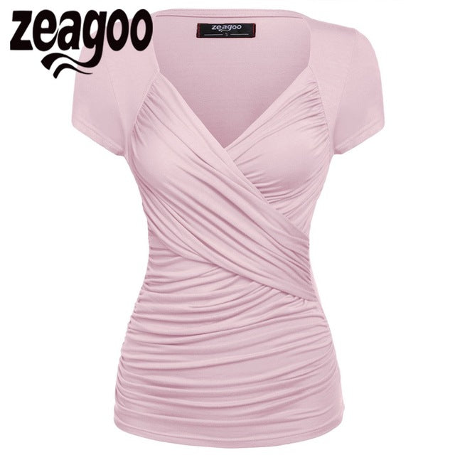 Zeagoo Women Short Sleeve T-Shirt Summer Slim TShirt Sexy V-Neck Cotton Soft Lady Tshirt Women Tops Summer Clothing 15 Color XXL