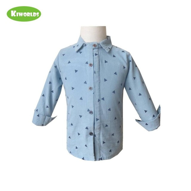 Spring high quality, cotton long sleeved shirts for boys ,with black triangle pattern, warm yellow and blue boy shirts