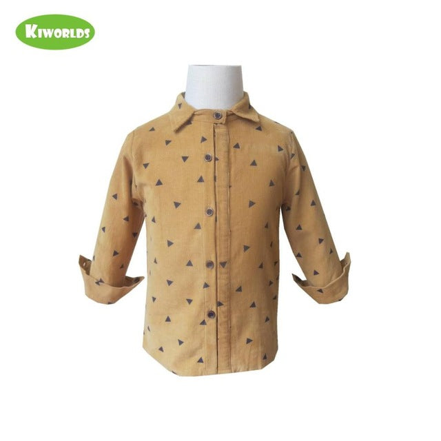 Spring high quality, cotton long sleeved shirts for boys ,with black triangle pattern, warm yellow and blue boy shirts