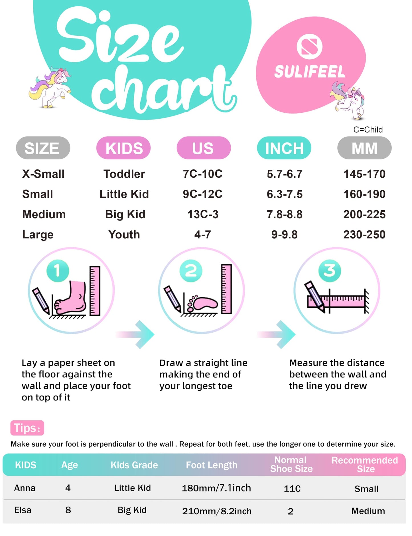 SULIFEEL Rainbow Unicorn 4 Size Adjustable Light up Roller Skates for Girls Boys for Kids Medium