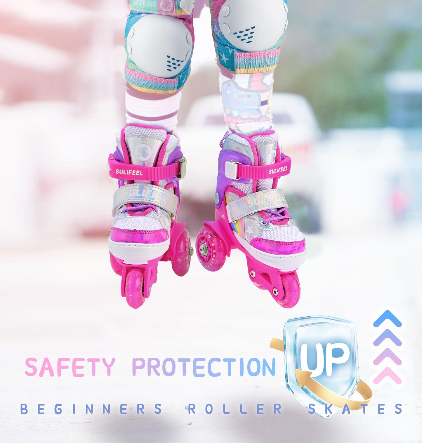 SULIFEEL Rainbow Unicorn 4 Size Adjustable Light up Roller Skates for Girls Boys for Kids Medium
