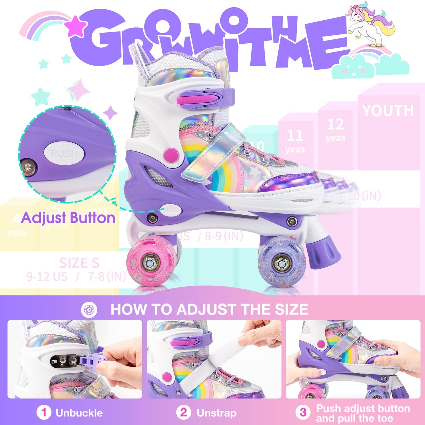 SULIFEEL Rainbow Unicorn 4 Size Adjustable Light up Roller Skates for Girls Boys for Kids Medium