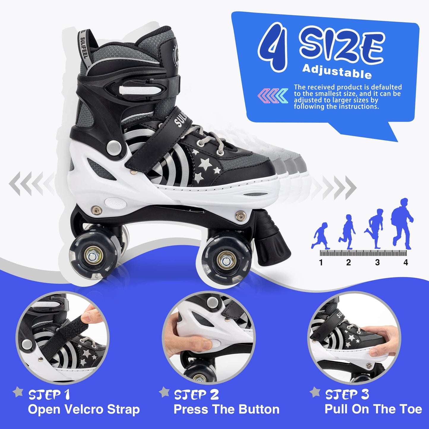 SULIFEEL Rainbow Unicorn 4 Size Adjustable Light up Roller Skates for Girls Boys for Kids Medium