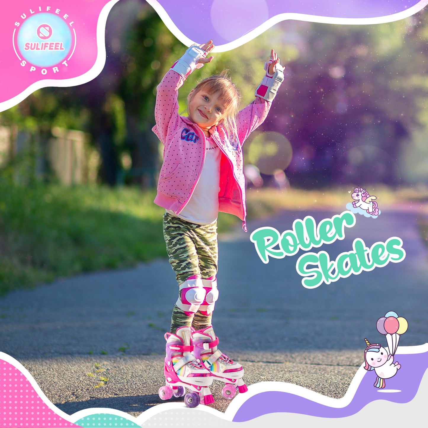 SULIFEEL Rainbow Unicorn 4 Size Adjustable Light up Roller Skates for Girls Boys for Kids Medium