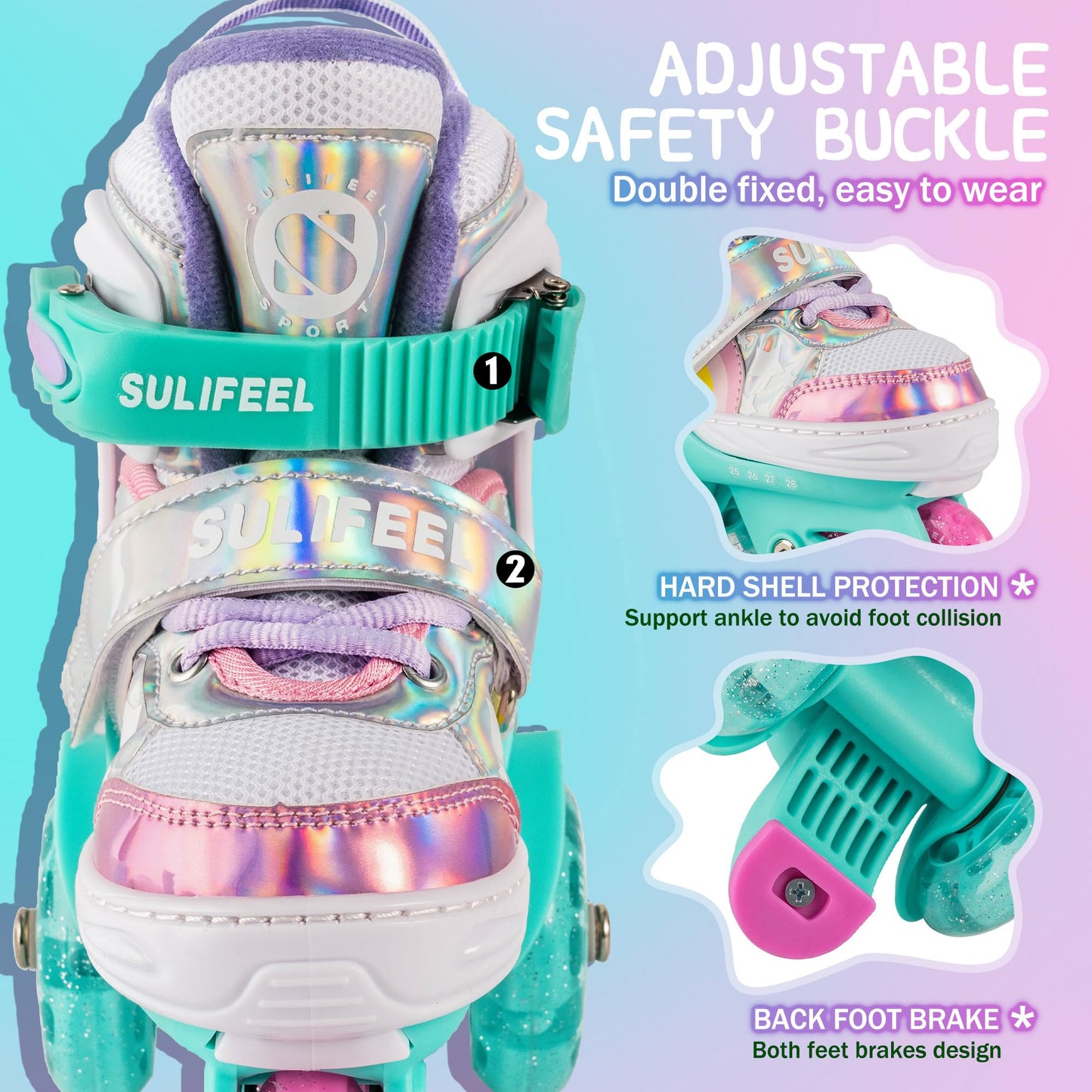 SULIFEEL Rainbow Unicorn 4 Size Adjustable Light up Roller Skates for Girls Boys for Kids Medium