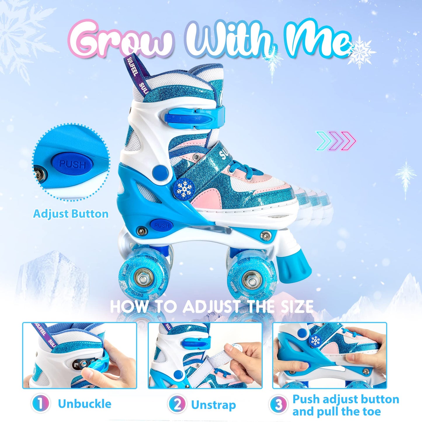 SULIFEEL Rainbow Unicorn 4 Size Adjustable Light up Roller Skates for Girls Boys for Kids Medium
