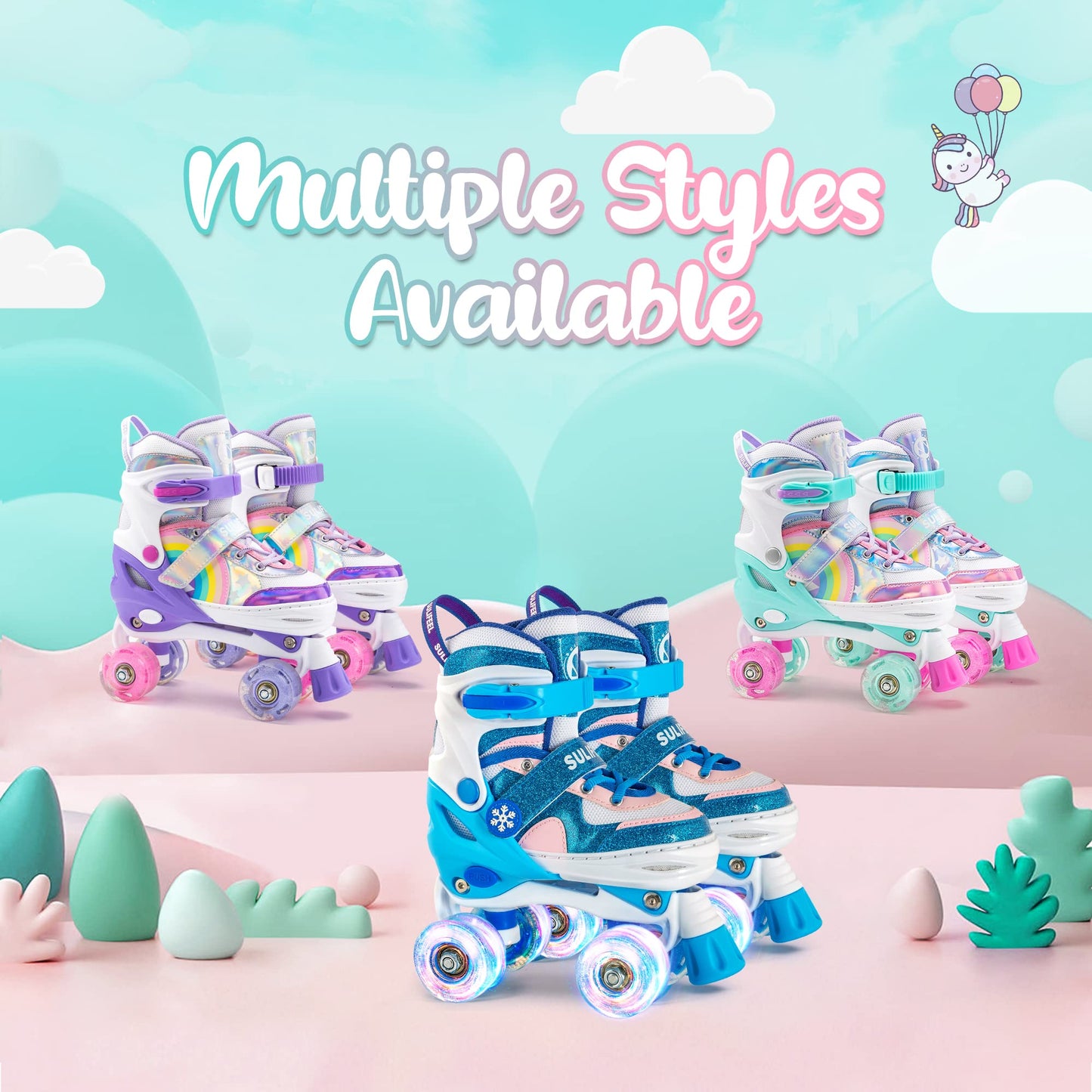 SULIFEEL Rainbow Unicorn 4 Size Adjustable Light up Roller Skates for Girls Boys for Kids Medium