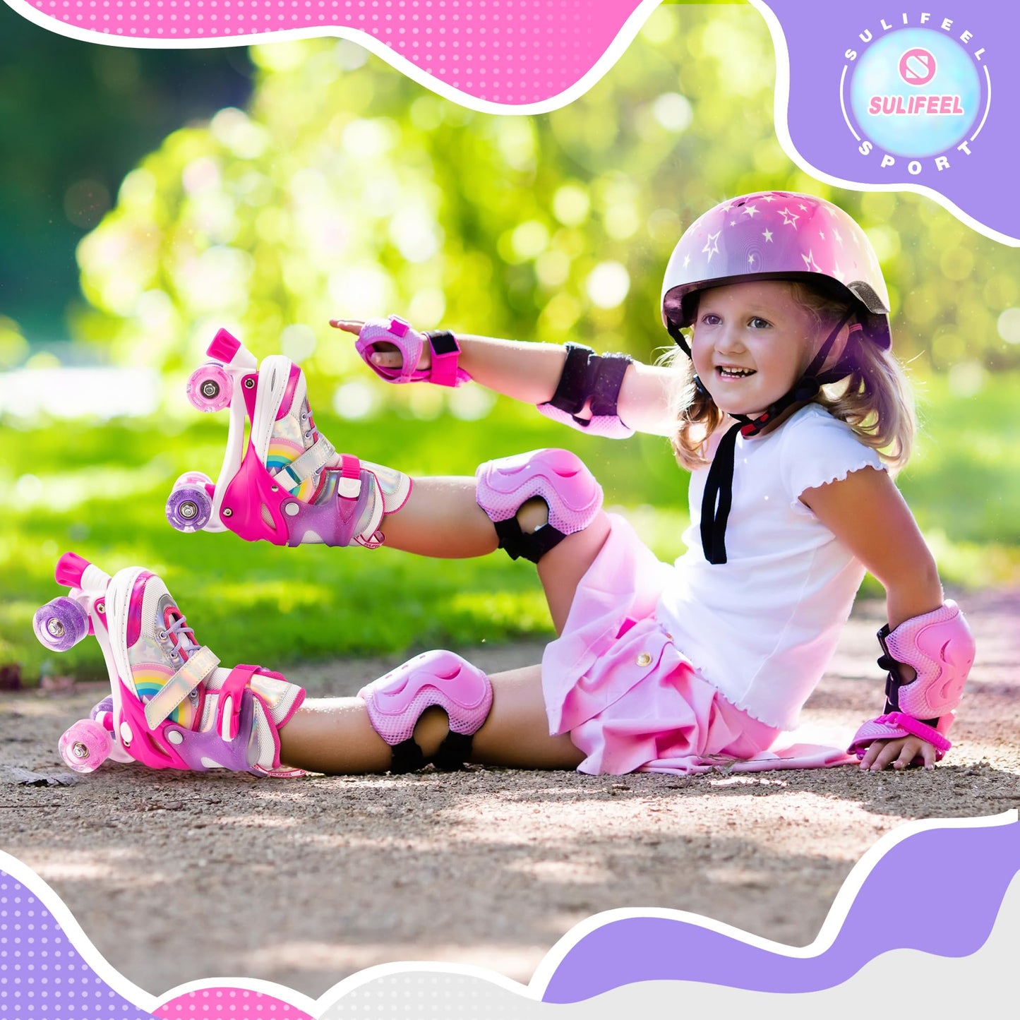 SULIFEEL Rainbow Unicorn 4 Size Adjustable Light up Roller Skates for Girls Boys for Kids Medium