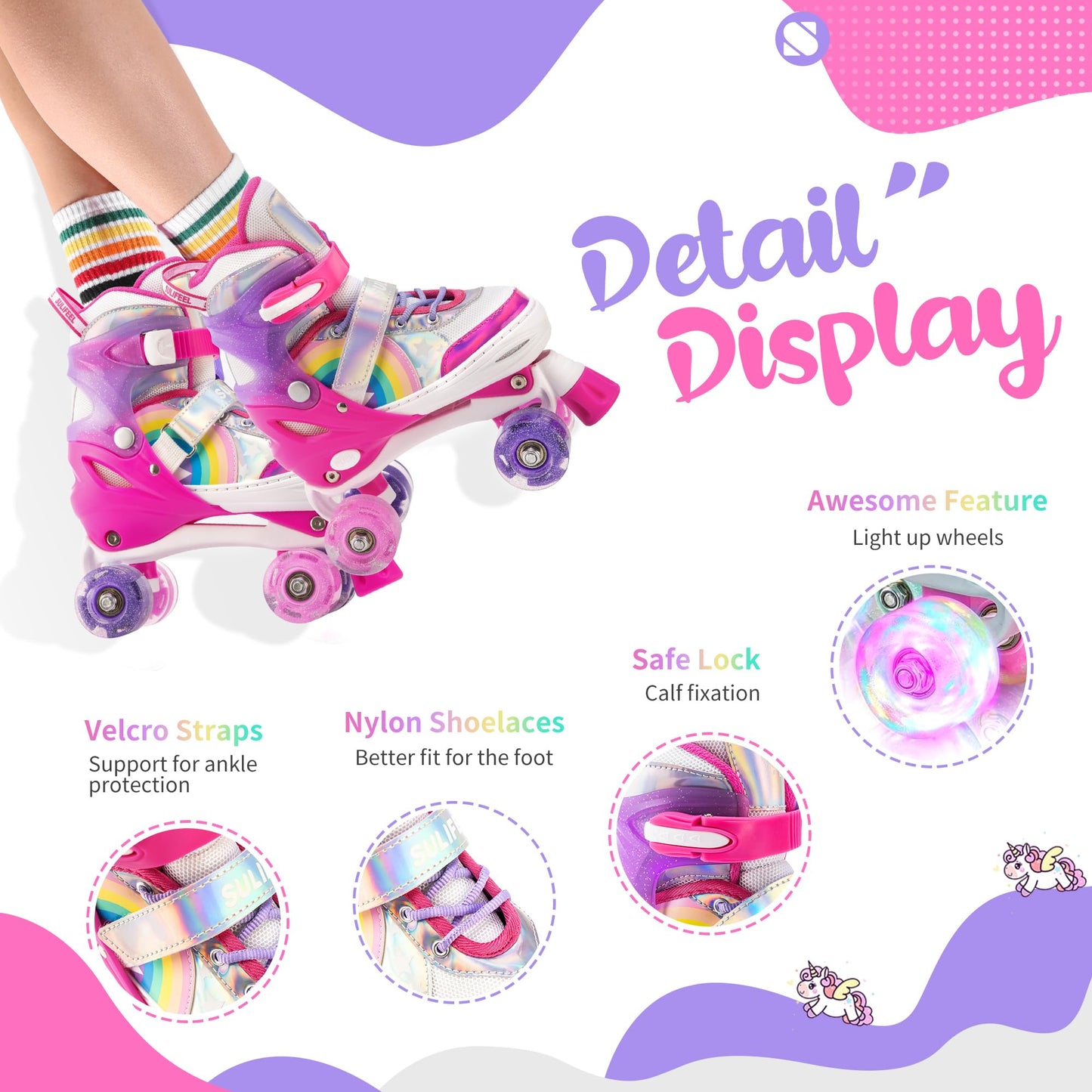 SULIFEEL Rainbow Unicorn 4 Size Adjustable Light up Roller Skates for Girls Boys for Kids Medium