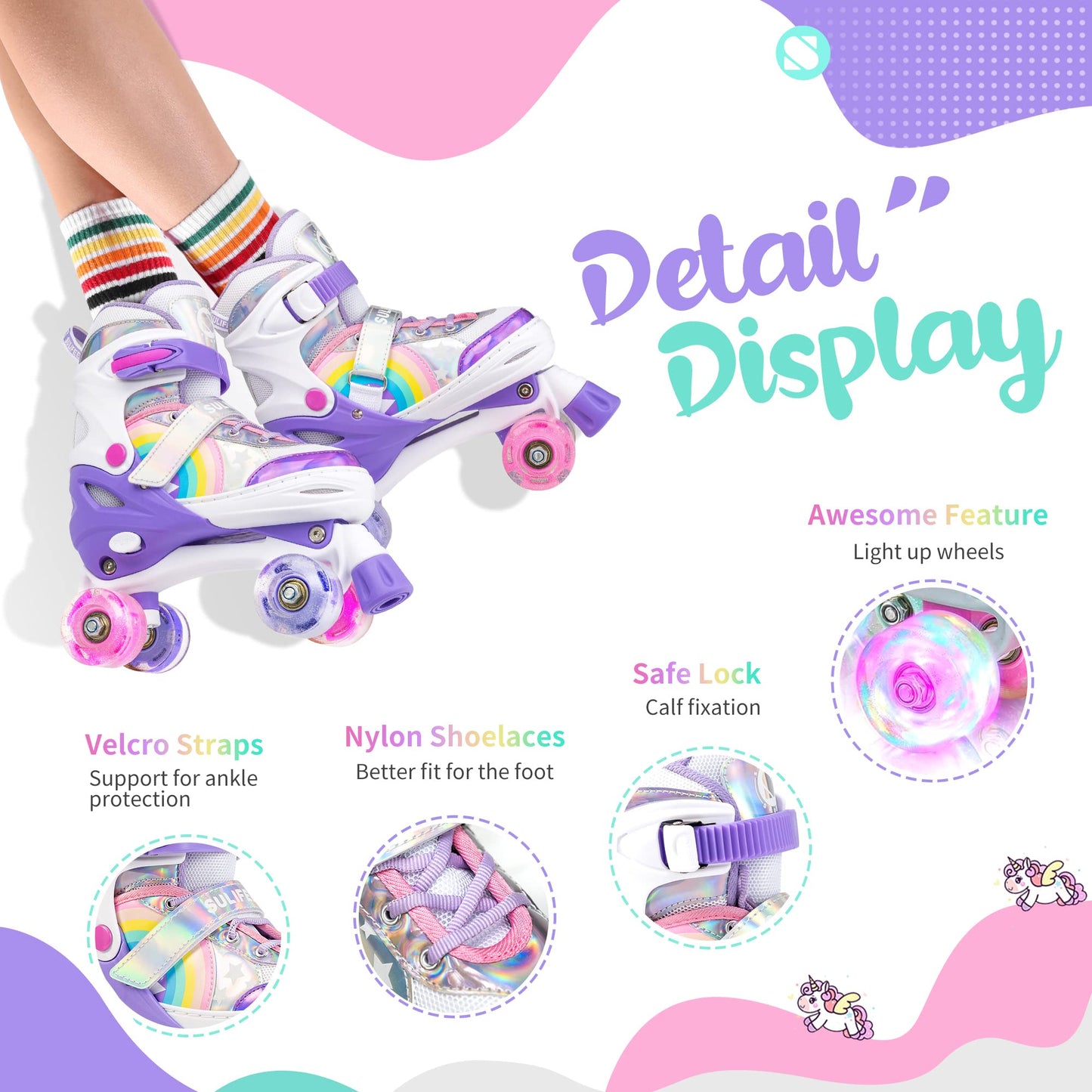 SULIFEEL Rainbow Unicorn 4 Size Adjustable Light up Roller Skates for Girls Boys for Kids Medium