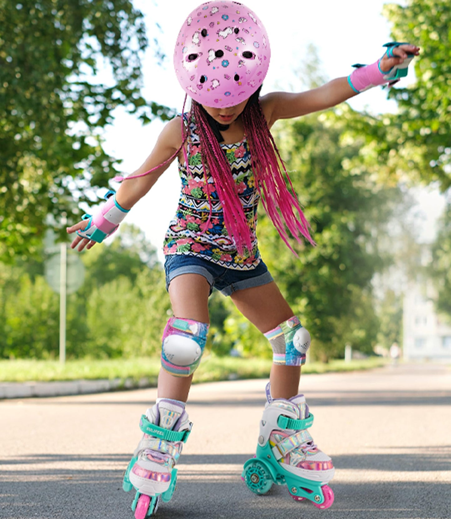 SULIFEEL Rainbow Unicorn 4 Size Adjustable Light up Roller Skates for Girls Boys for Kids Medium