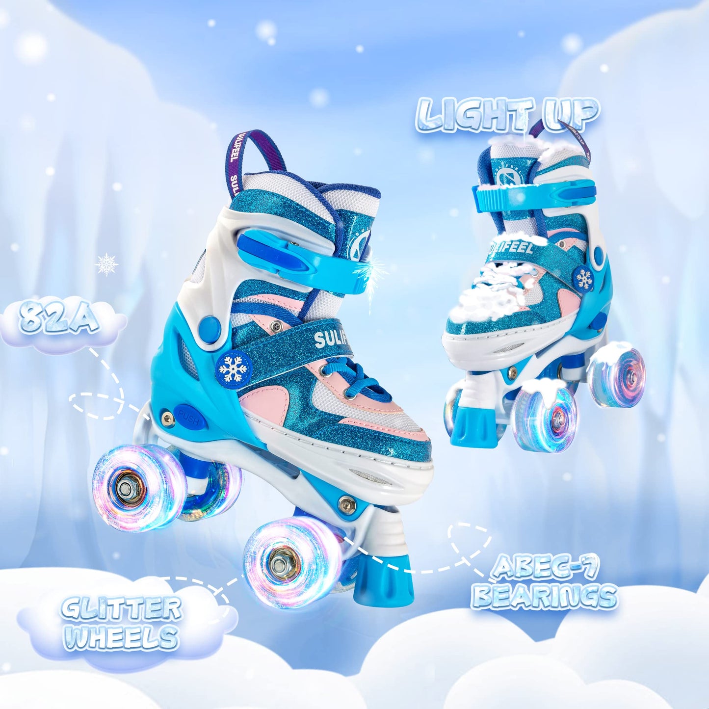 SULIFEEL Rainbow Unicorn 4 Size Adjustable Light up Roller Skates for Girls Boys for Kids Medium