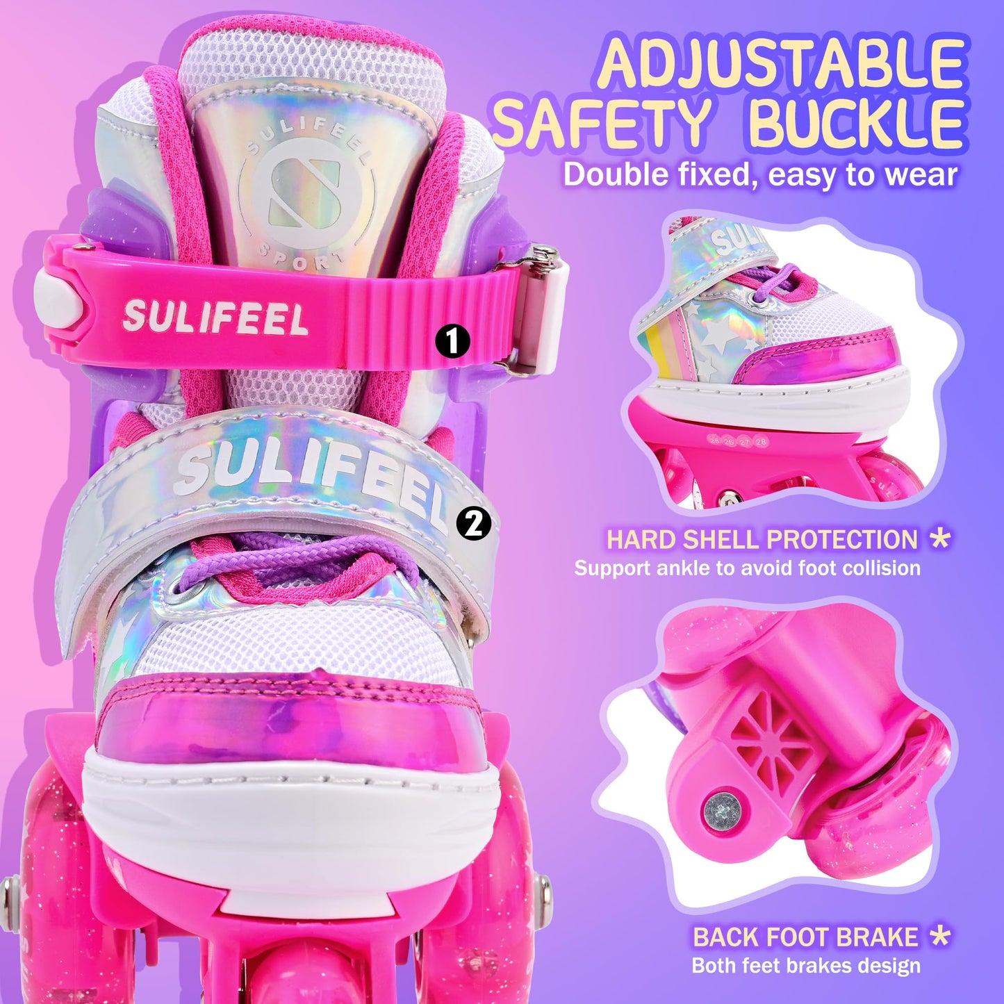 SULIFEEL Rainbow Unicorn 4 Size Adjustable Light up Roller Skates for Girls Boys for Kids Medium