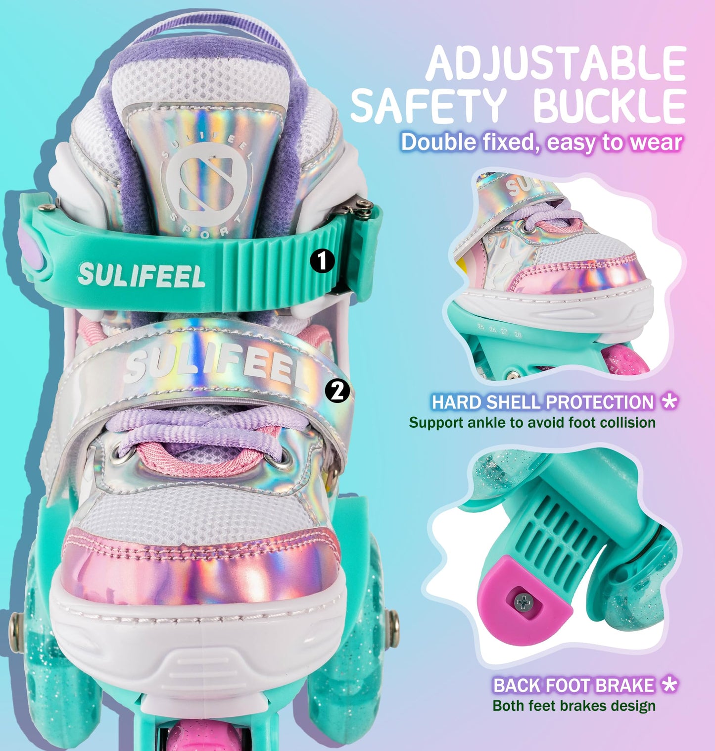 SULIFEEL Rainbow Unicorn 4 Size Adjustable Light up Roller Skates for Girls Boys for Kids Medium