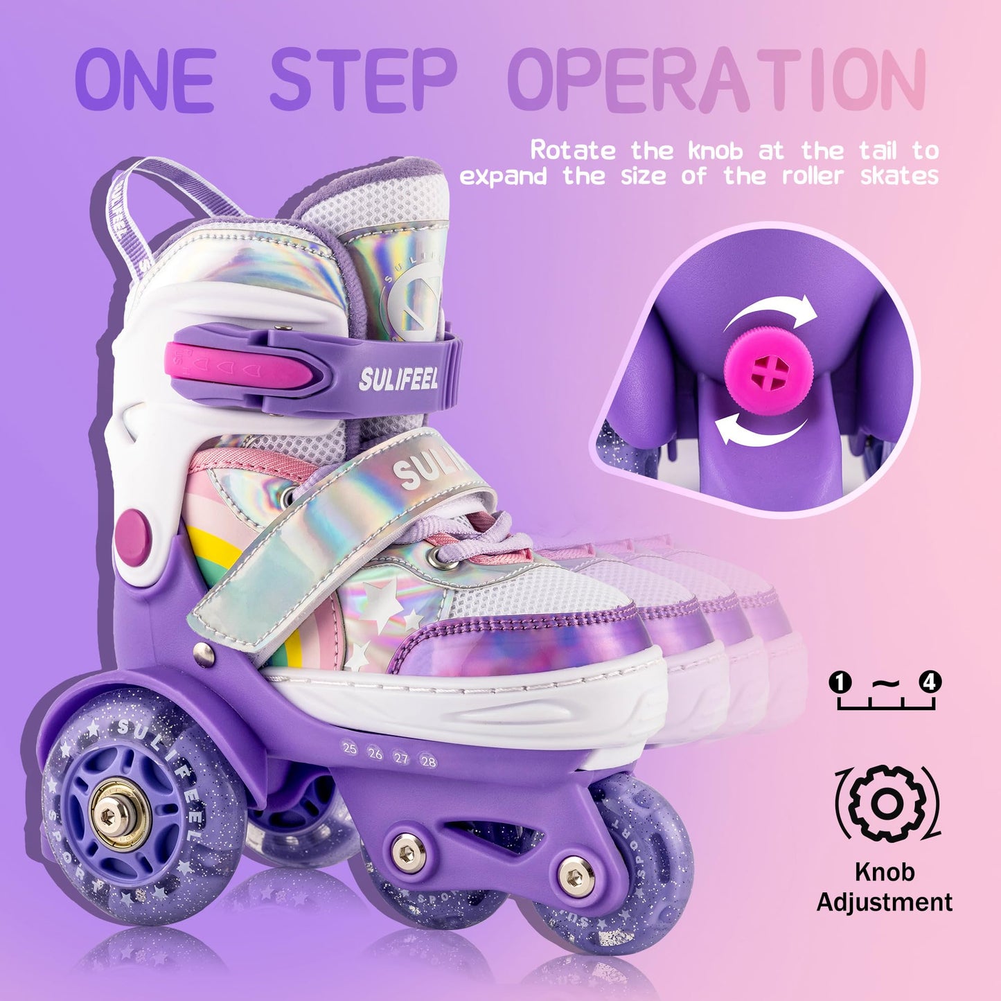 SULIFEEL Rainbow Unicorn 4 Size Adjustable Light up Roller Skates for Girls Boys for Kids Medium