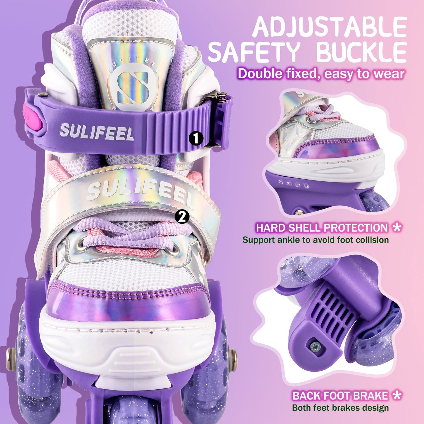 SULIFEEL Rainbow Unicorn 4 Size Adjustable Light up Roller Skates for Girls Boys for Kids Medium