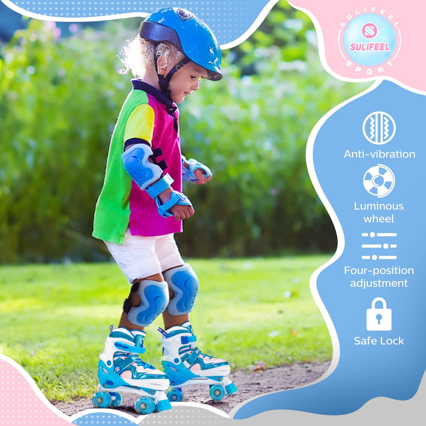 SULIFEEL Rainbow Unicorn 4 Size Adjustable Light up Roller Skates for Girls Boys for Kids Medium