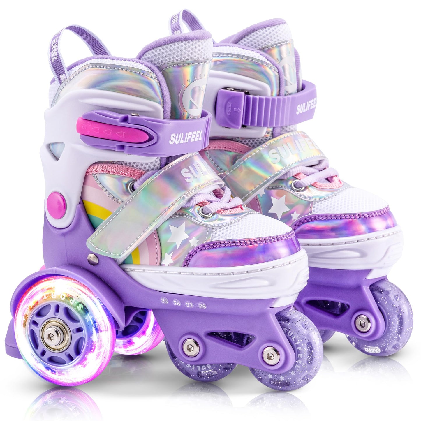 SULIFEEL Rainbow Unicorn 4 Size Adjustable Light up Roller Skates for Girls Boys for Kids Medium