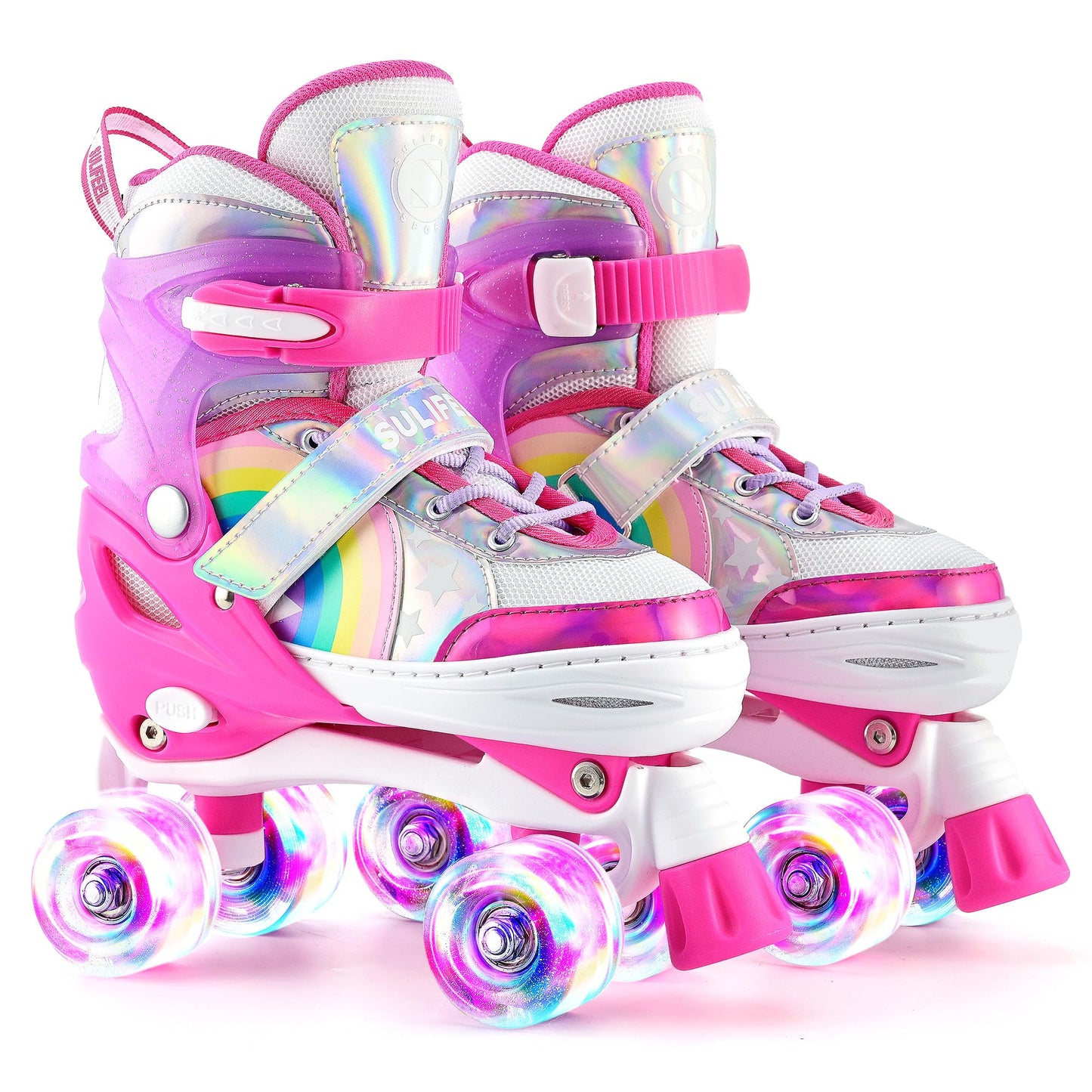 SULIFEEL Rainbow Unicorn 4 Size Adjustable Light up Roller Skates for Girls Boys for Kids Medium