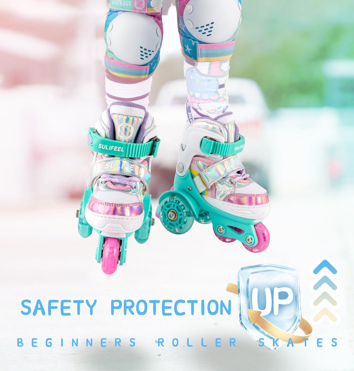 SULIFEEL Rainbow Unicorn 4 Size Adjustable Light up Roller Skates for Girls Boys for Kids Medium