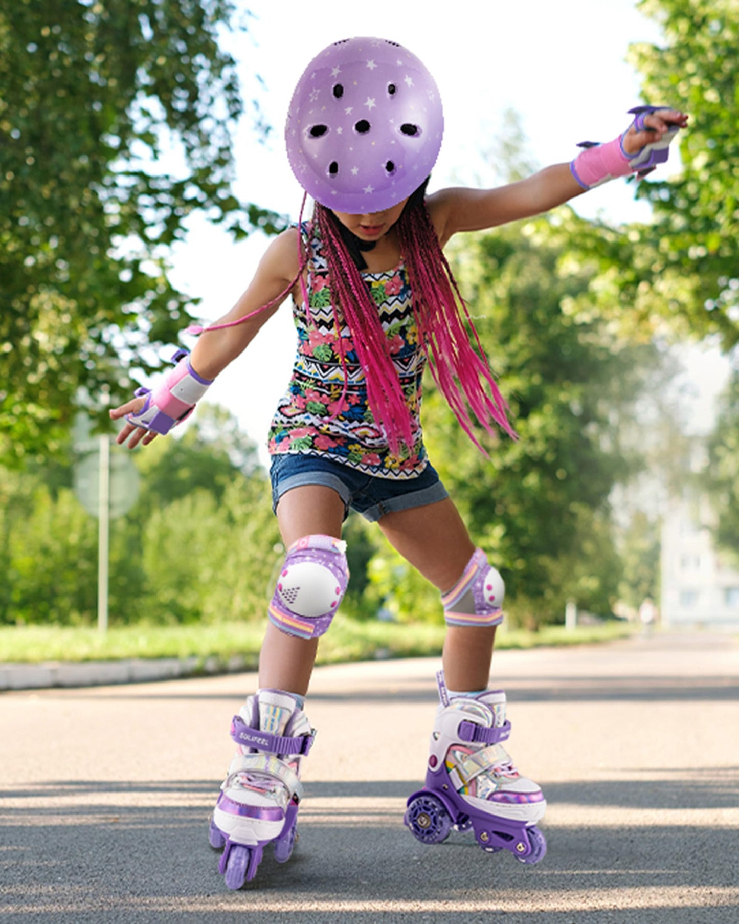 SULIFEEL Rainbow Unicorn 4 Size Adjustable Light up Roller Skates for Girls Boys for Kids Medium
