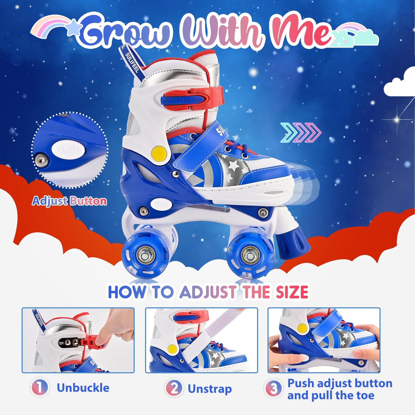 SULIFEEL Rainbow Unicorn 4 Size Adjustable Light up Roller Skates for Girls Boys for Kids Medium