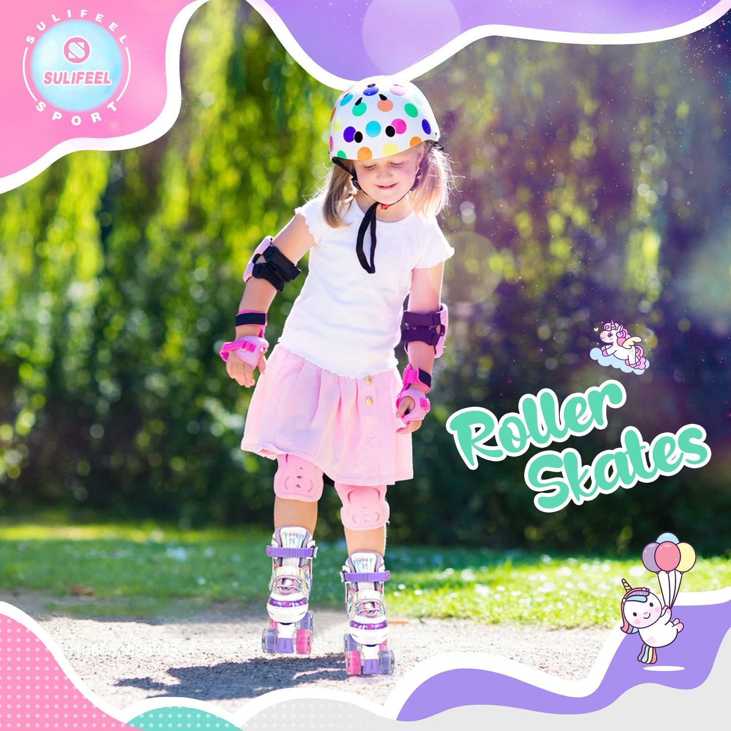 SULIFEEL Rainbow Unicorn 4 Size Adjustable Light up Roller Skates for Girls Boys for Kids Medium