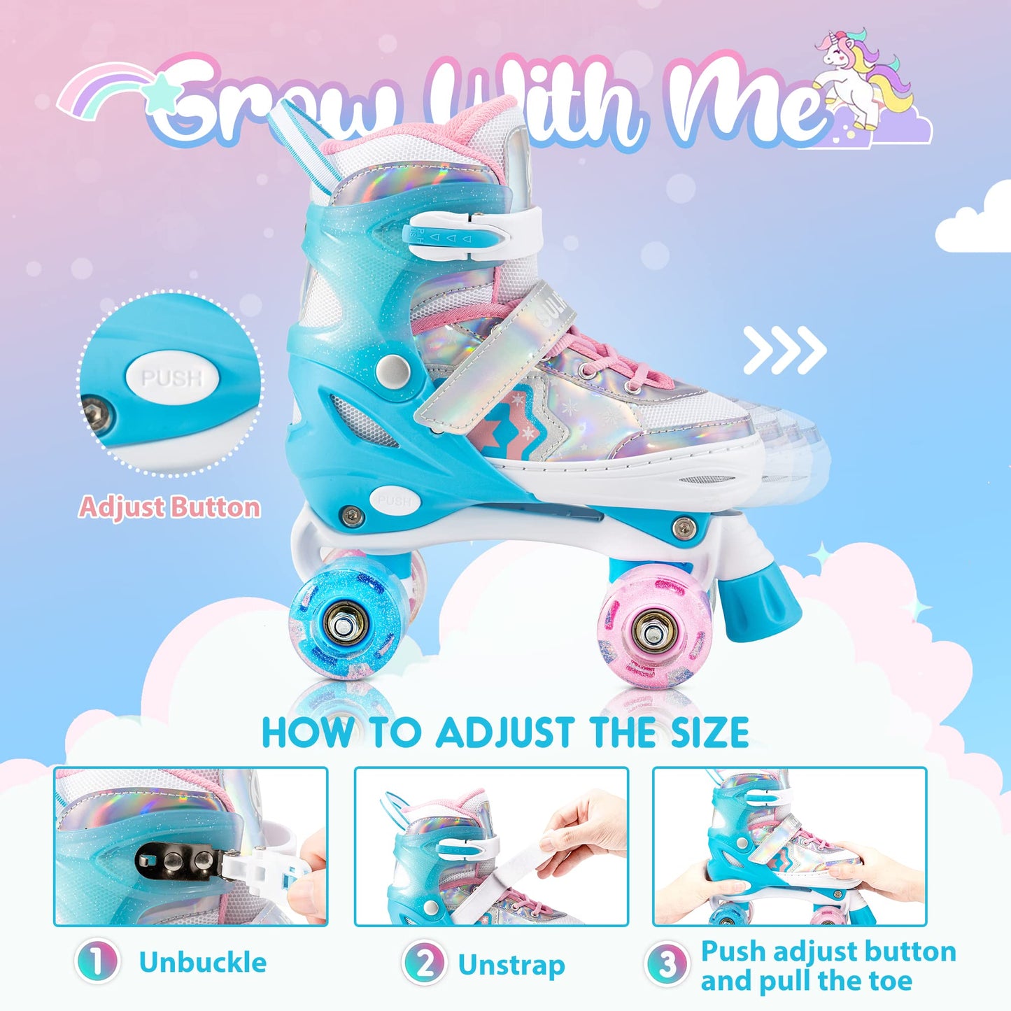 SULIFEEL Rainbow Unicorn 4 Size Adjustable Light up Roller Skates for Girls Boys for Kids Medium