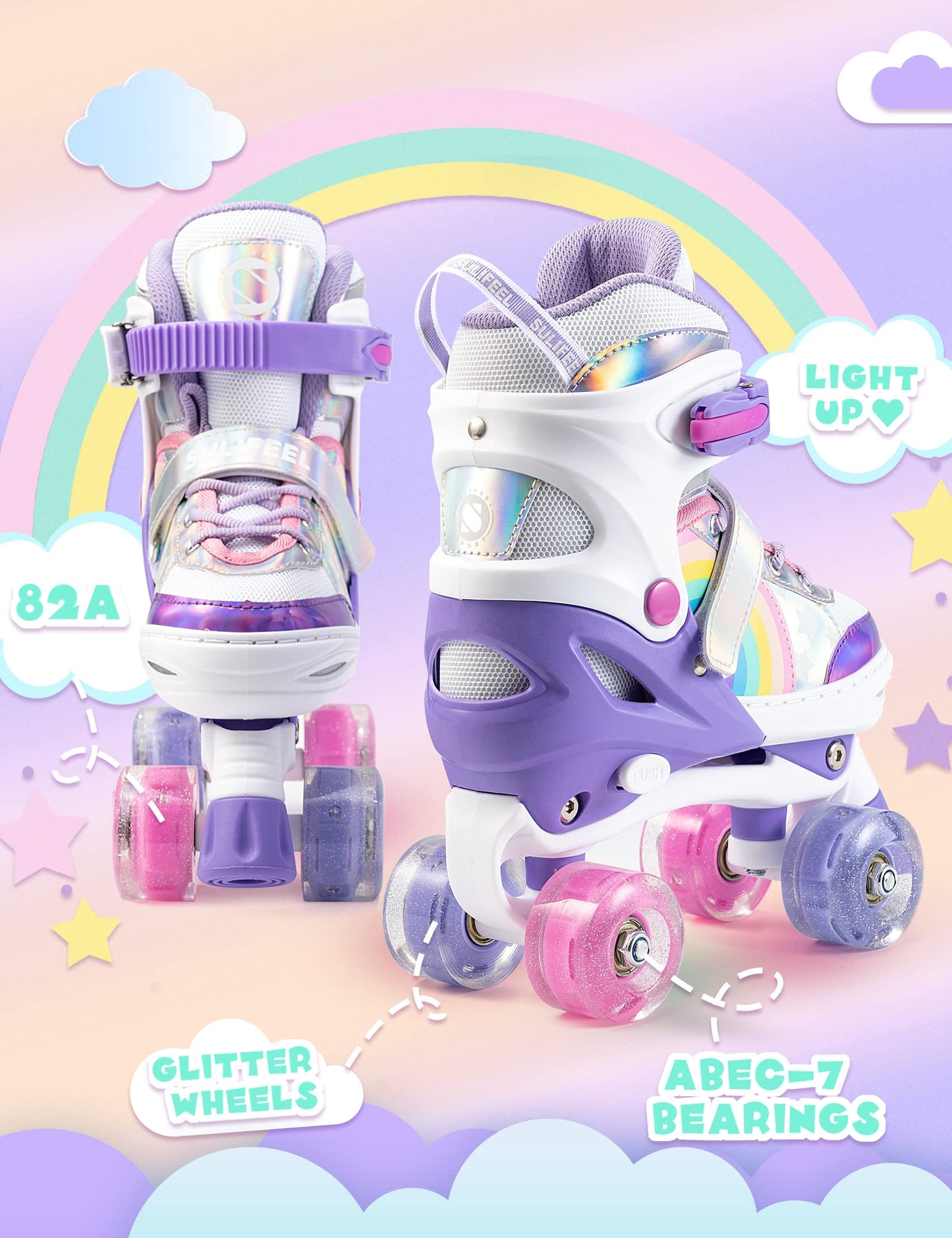 SULIFEEL Rainbow Unicorn 4 Size Adjustable Light up Roller Skates for Girls Boys for Kids Medium