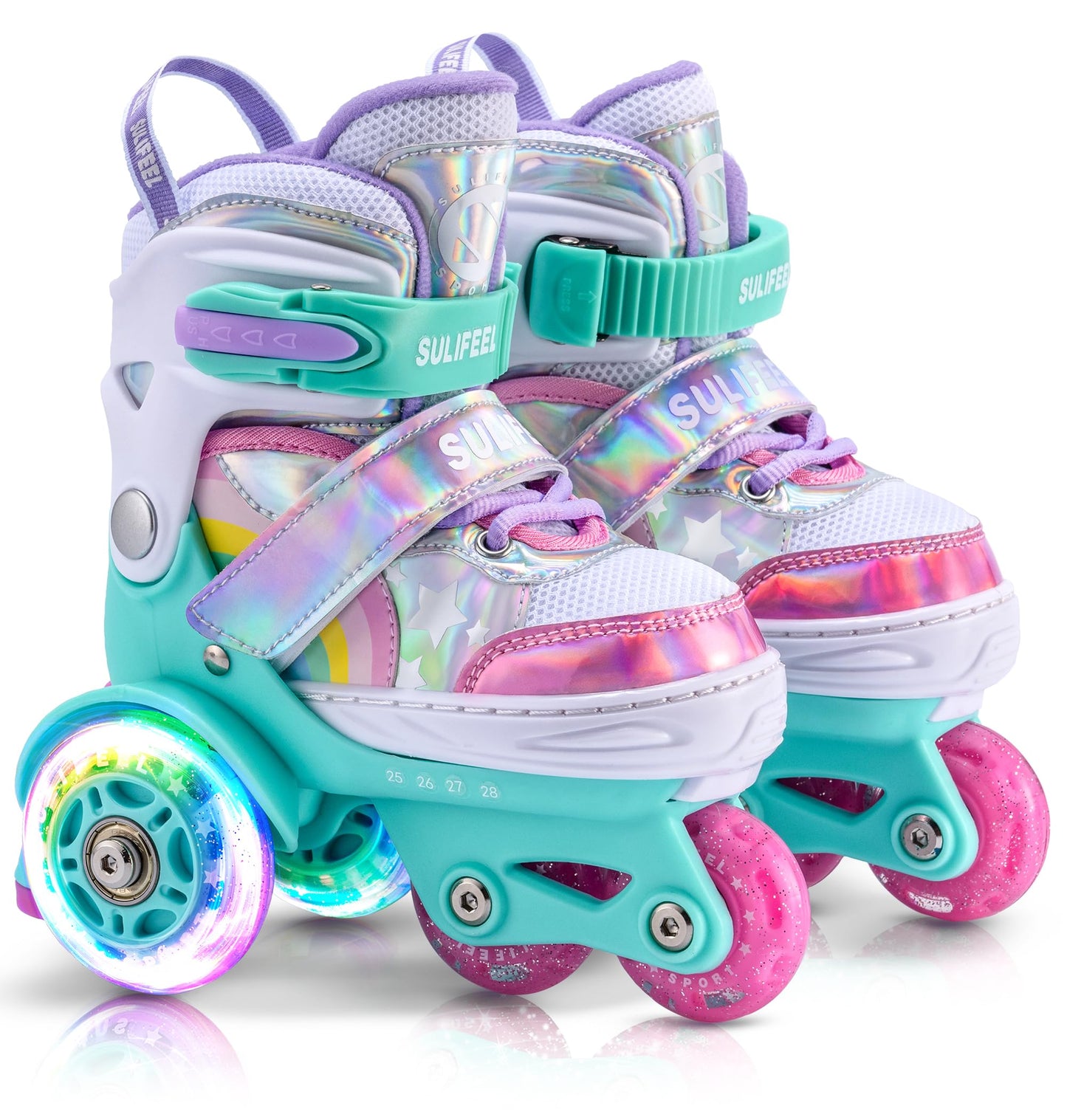 SULIFEEL Rainbow Unicorn 4 Size Adjustable Light up Roller Skates for Girls Boys for Kids Medium