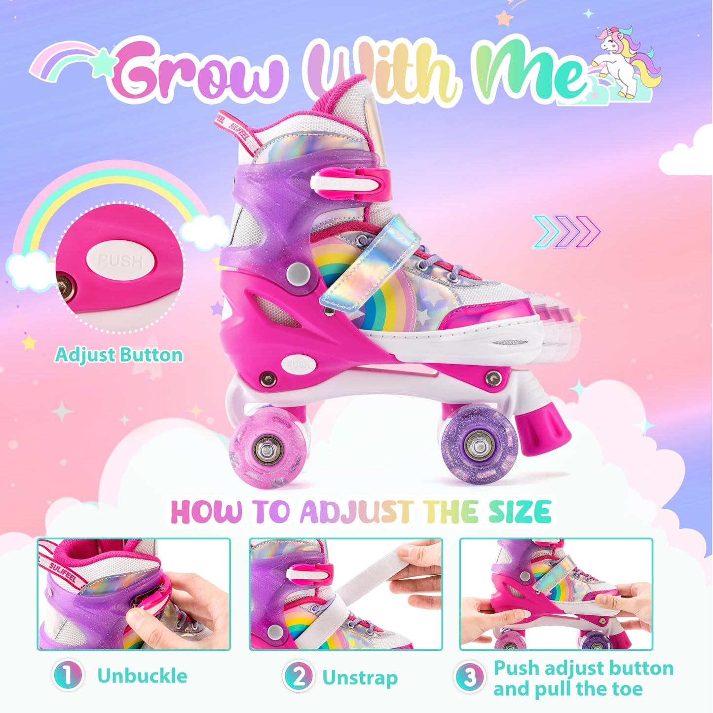 SULIFEEL Rainbow Unicorn 4 Size Adjustable Light up Roller Skates for Girls Boys for Kids Medium