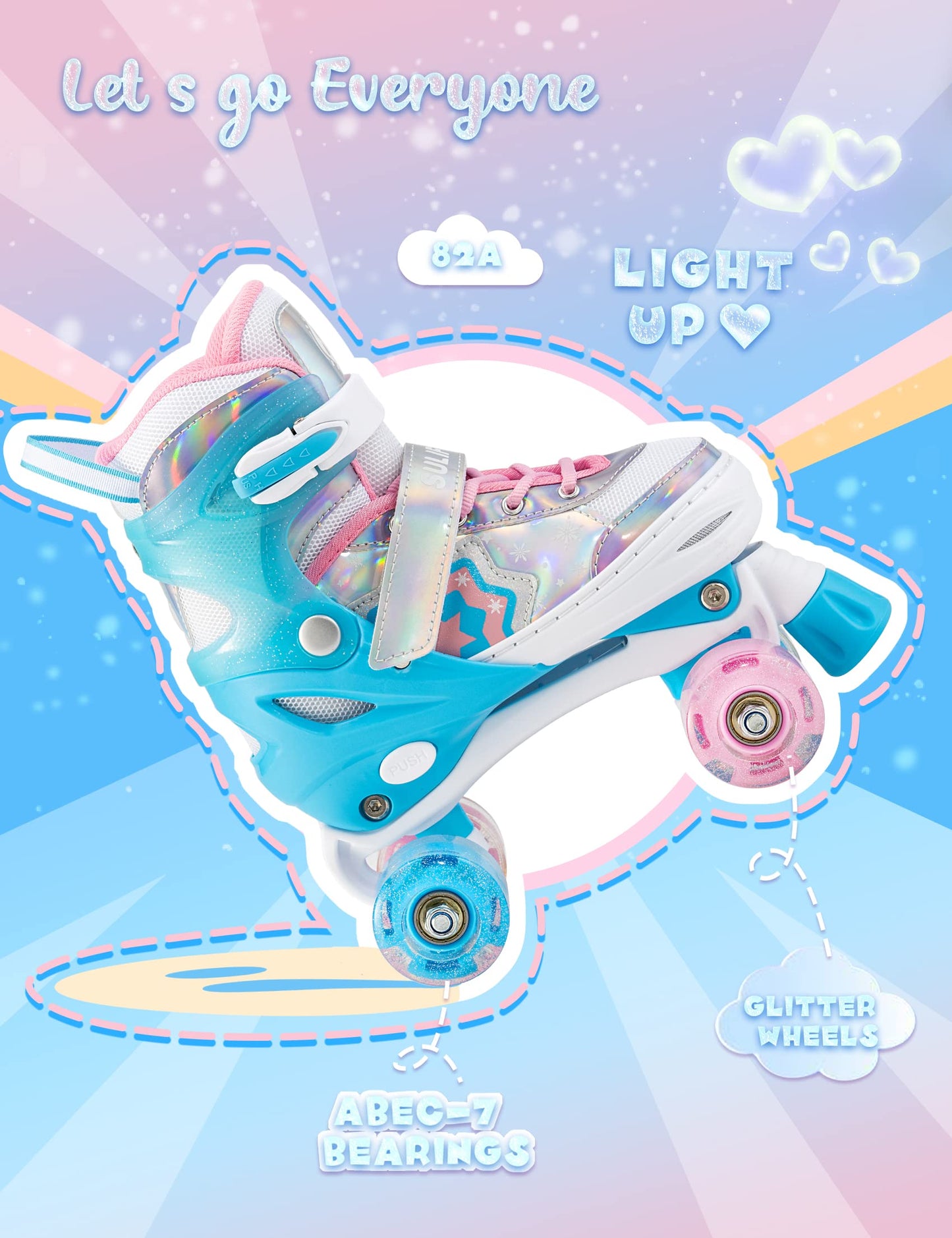 SULIFEEL Rainbow Unicorn 4 Size Adjustable Light up Roller Skates for Girls Boys for Kids Medium
