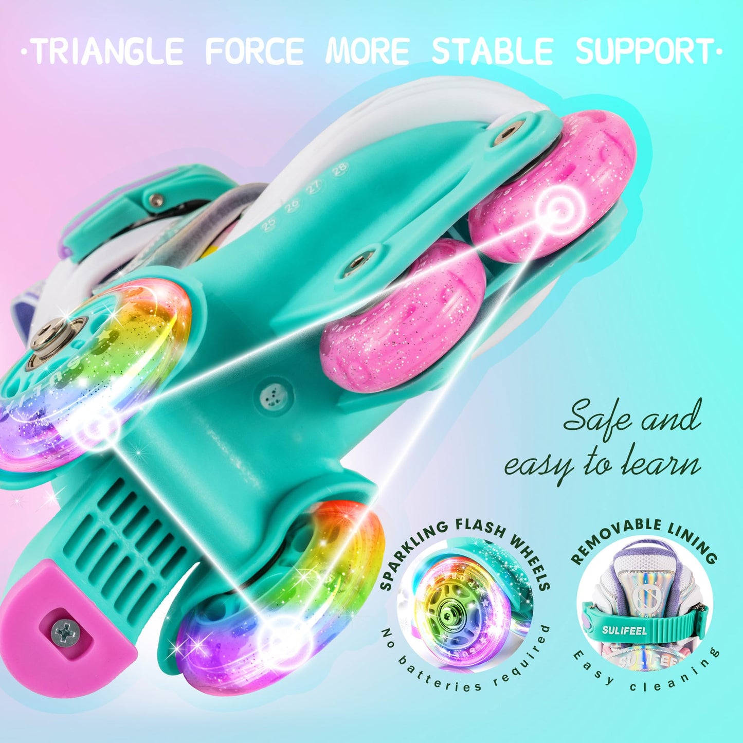 SULIFEEL Rainbow Unicorn 4 Size Adjustable Light up Roller Skates for Girls Boys for Kids Medium