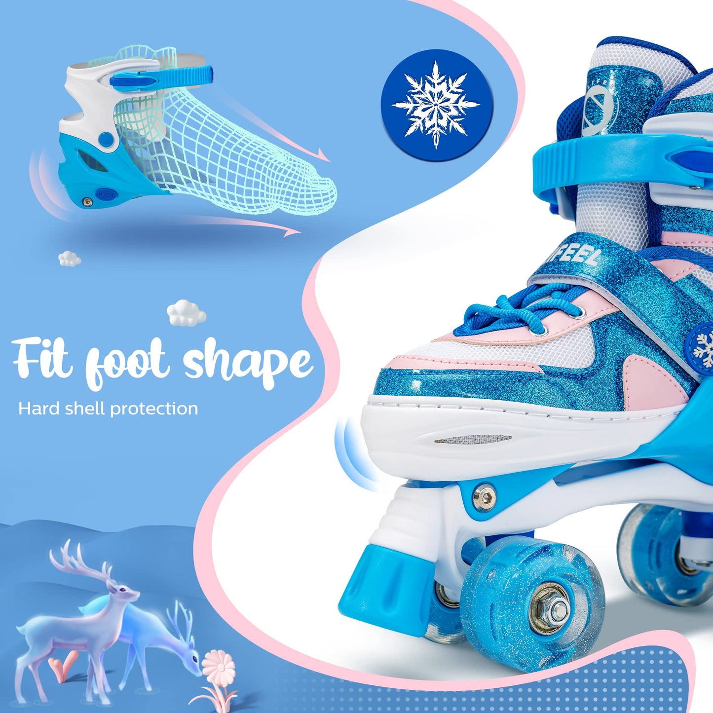 SULIFEEL Rainbow Unicorn 4 Size Adjustable Light up Roller Skates for Girls Boys for Kids Medium