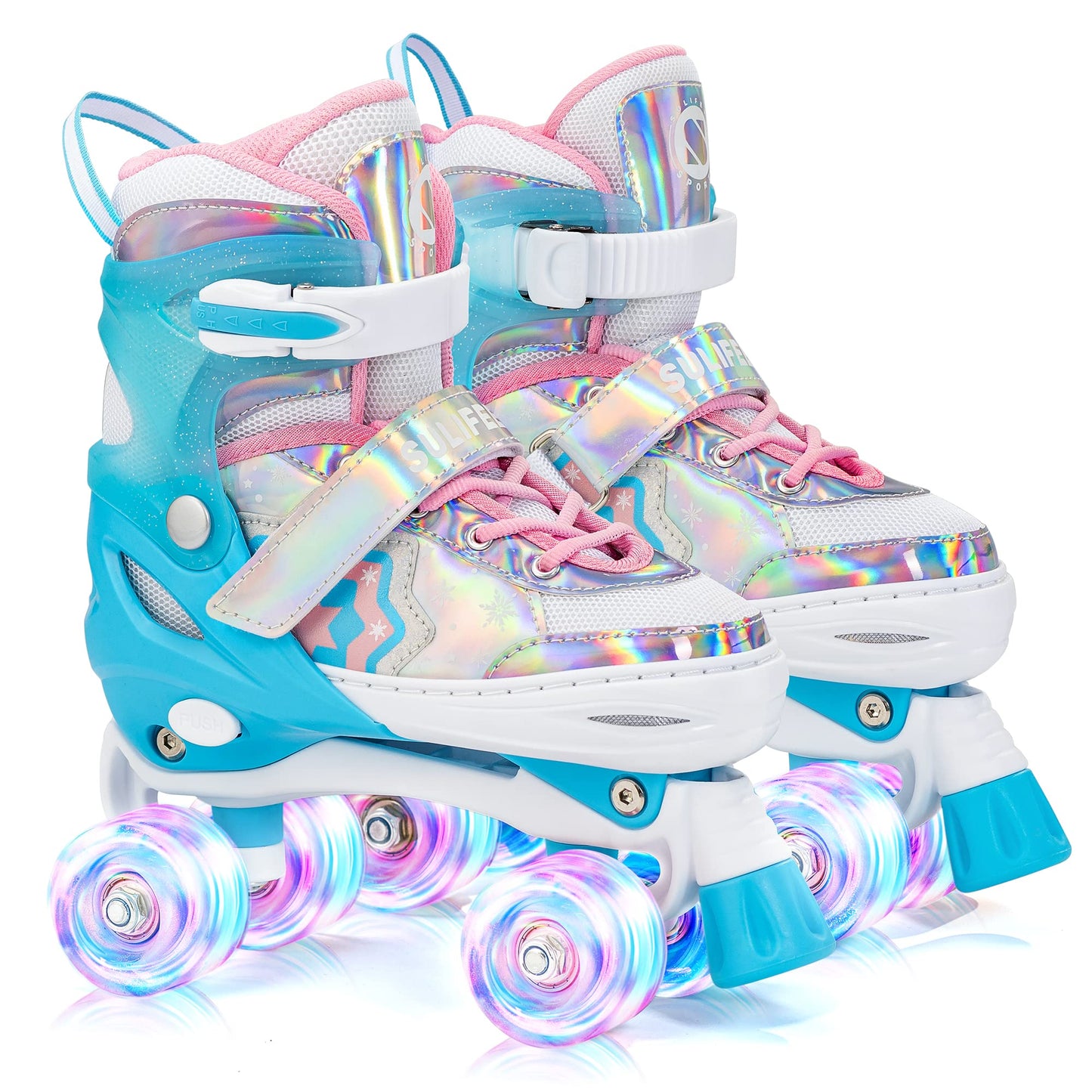 SULIFEEL Rainbow Unicorn 4 Size Adjustable Light up Roller Skates for Girls Boys for Kids Medium