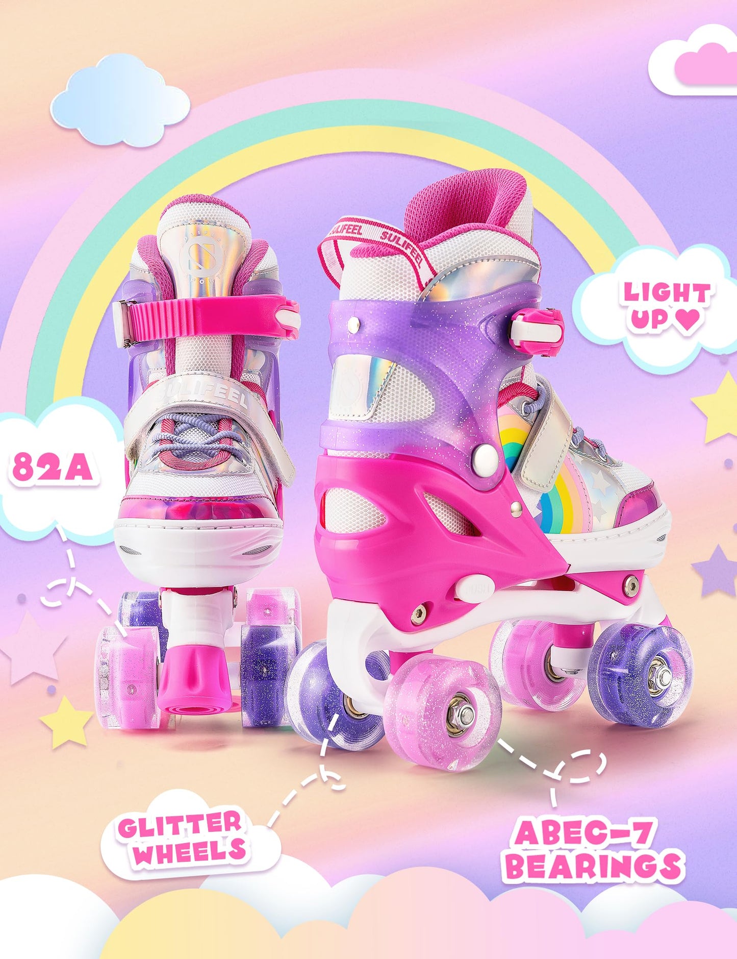 SULIFEEL Rainbow Unicorn 4 Size Adjustable Light up Roller Skates for Girls Boys for Kids Medium