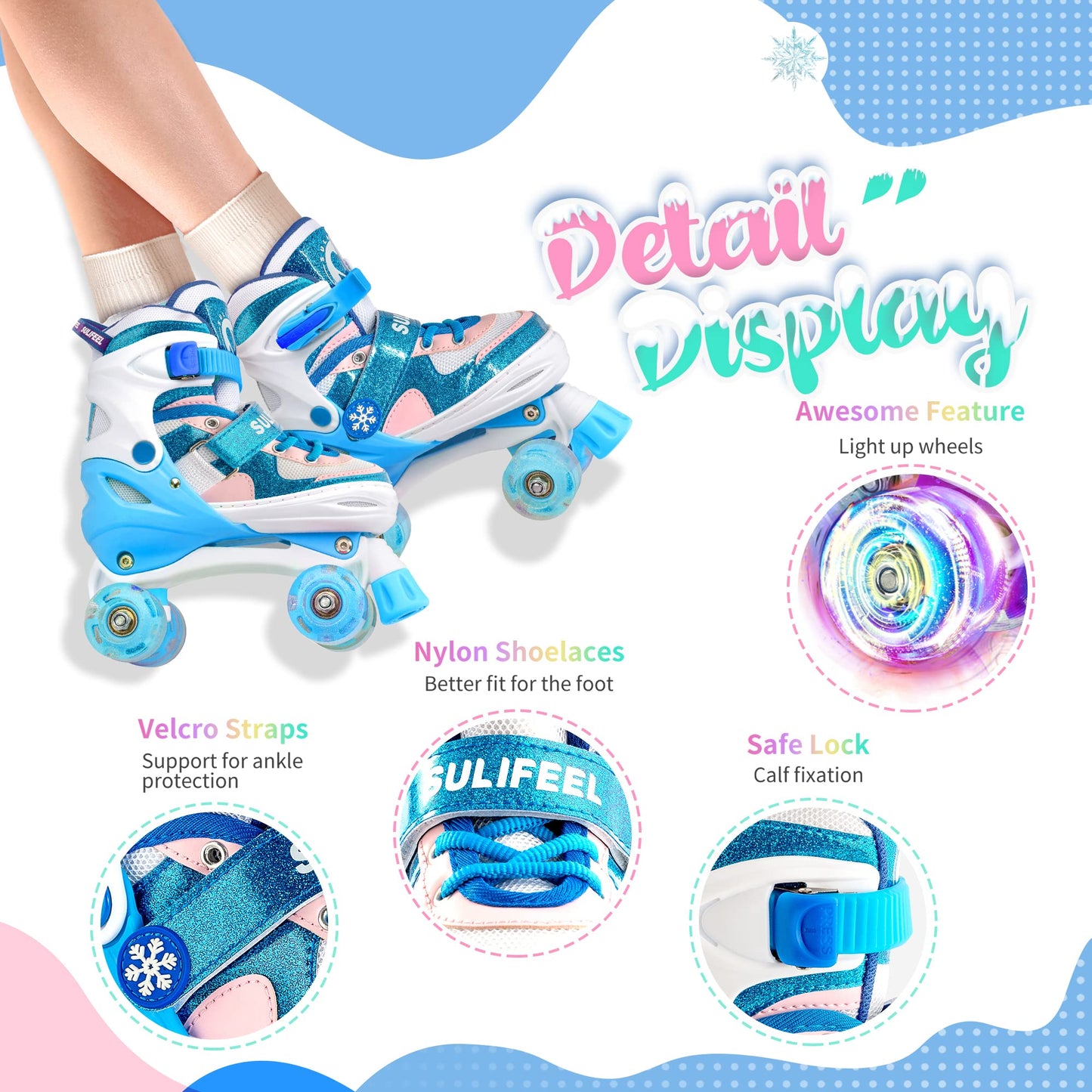 SULIFEEL Rainbow Unicorn 4 Size Adjustable Light up Roller Skates for Girls Boys for Kids Medium