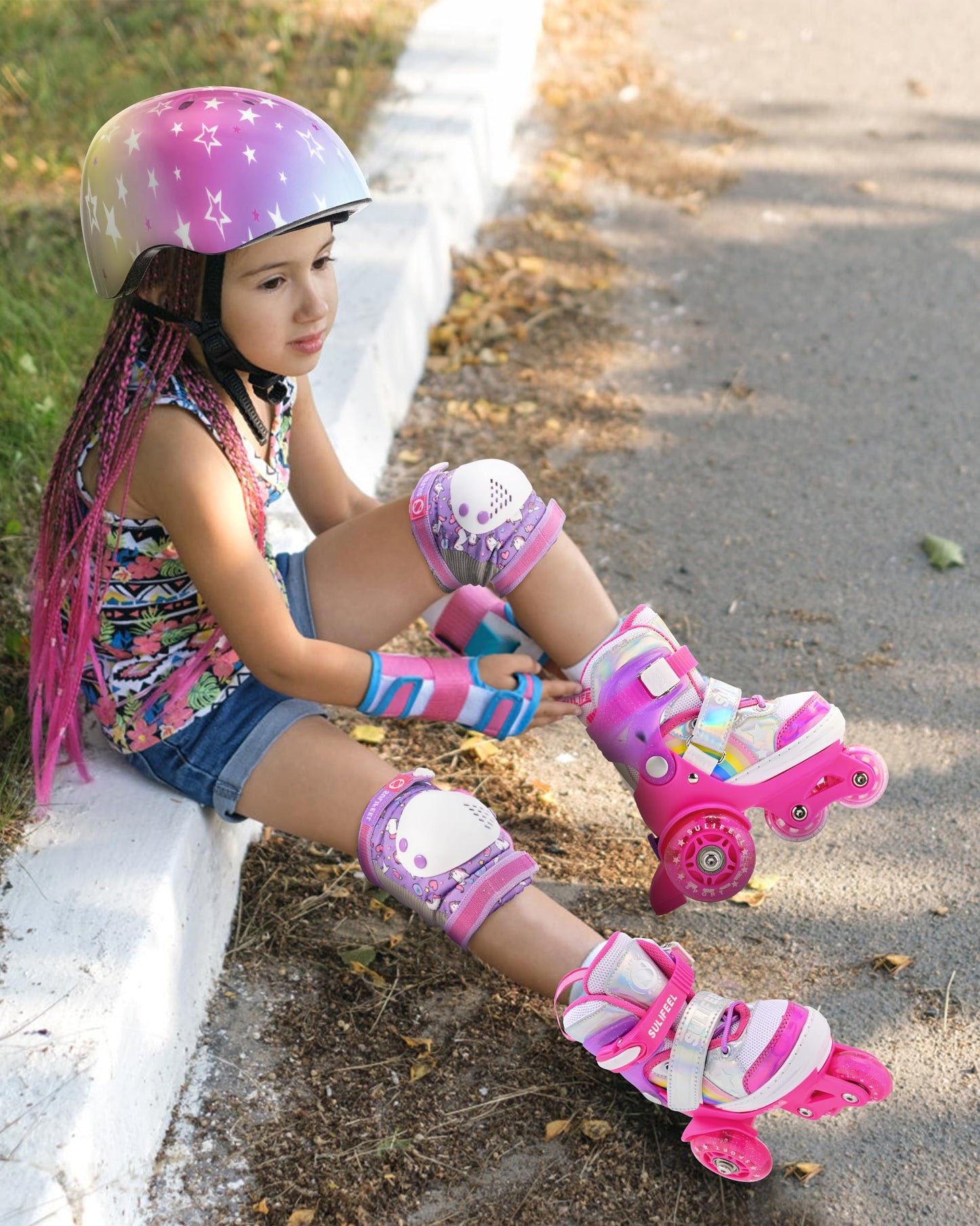SULIFEEL Rainbow Unicorn 4 Size Adjustable Light up Roller Skates for Girls Boys for Kids Medium