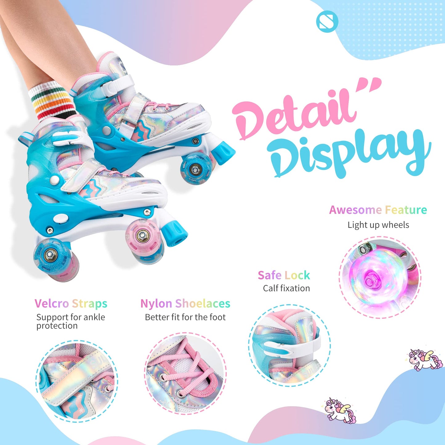 SULIFEEL Rainbow Unicorn 4 Size Adjustable Light up Roller Skates for Girls Boys for Kids Medium