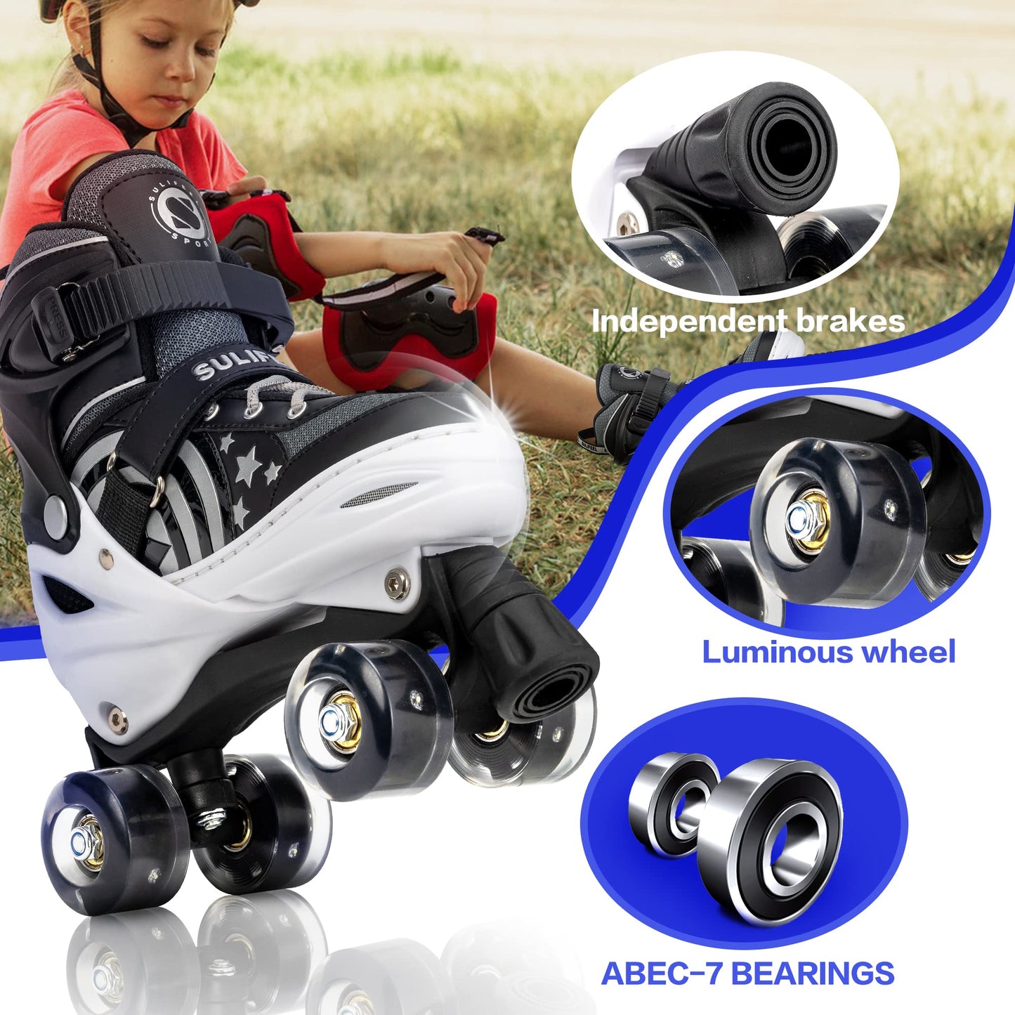 SULIFEEL Rainbow Unicorn 4 Size Adjustable Light up Roller Skates for Girls Boys for Kids Medium