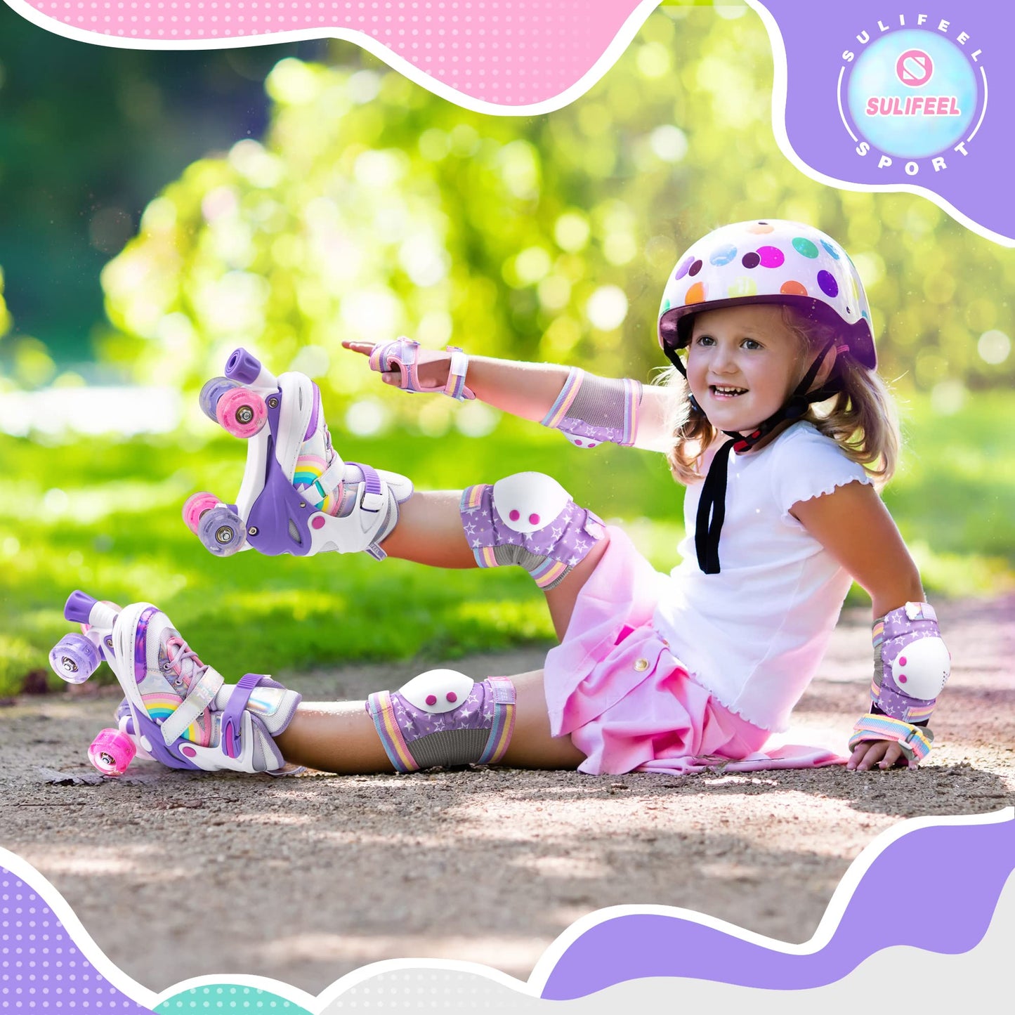 SULIFEEL Rainbow Unicorn 4 Size Adjustable Light up Roller Skates for Girls Boys for Kids Medium