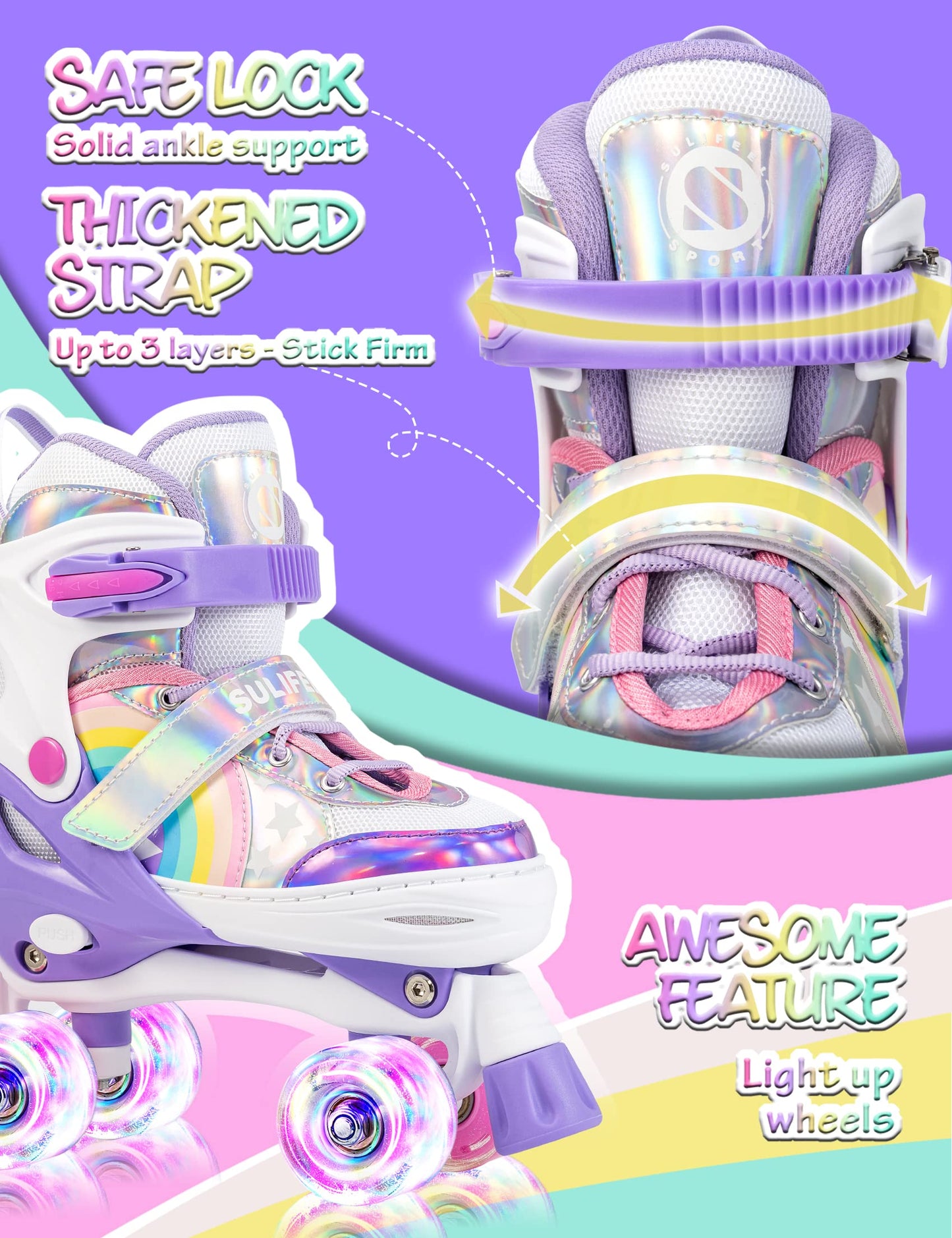 SULIFEEL Rainbow Unicorn 4 Size Adjustable Light up Roller Skates for Girls Boys for Kids Medium