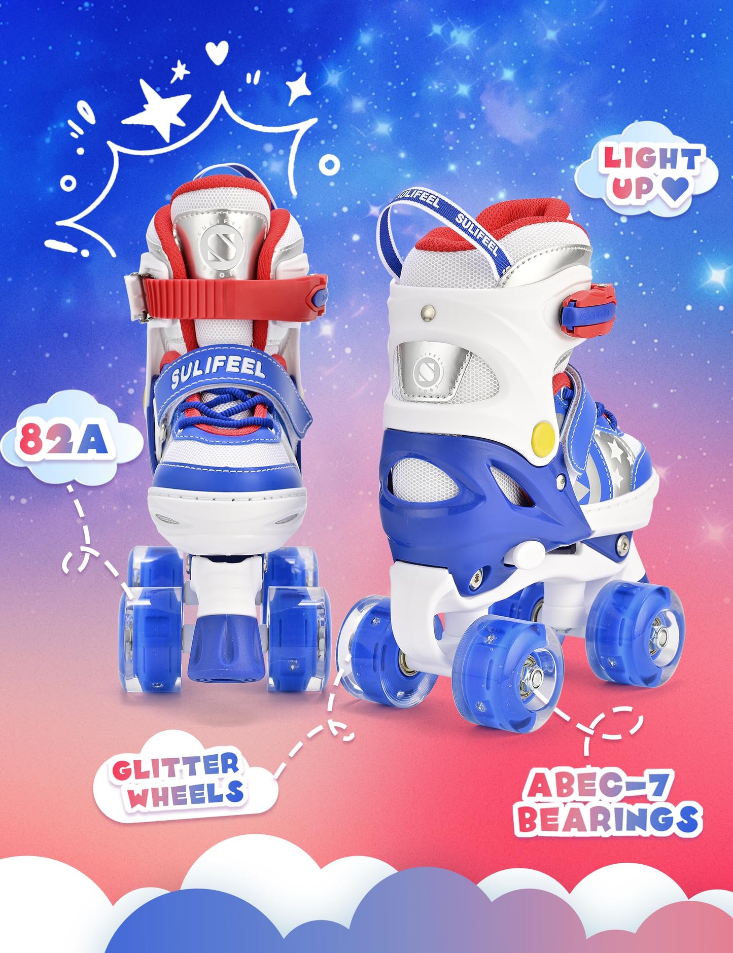SULIFEEL Rainbow Unicorn 4 Size Adjustable Light up Roller Skates for Girls Boys for Kids Medium