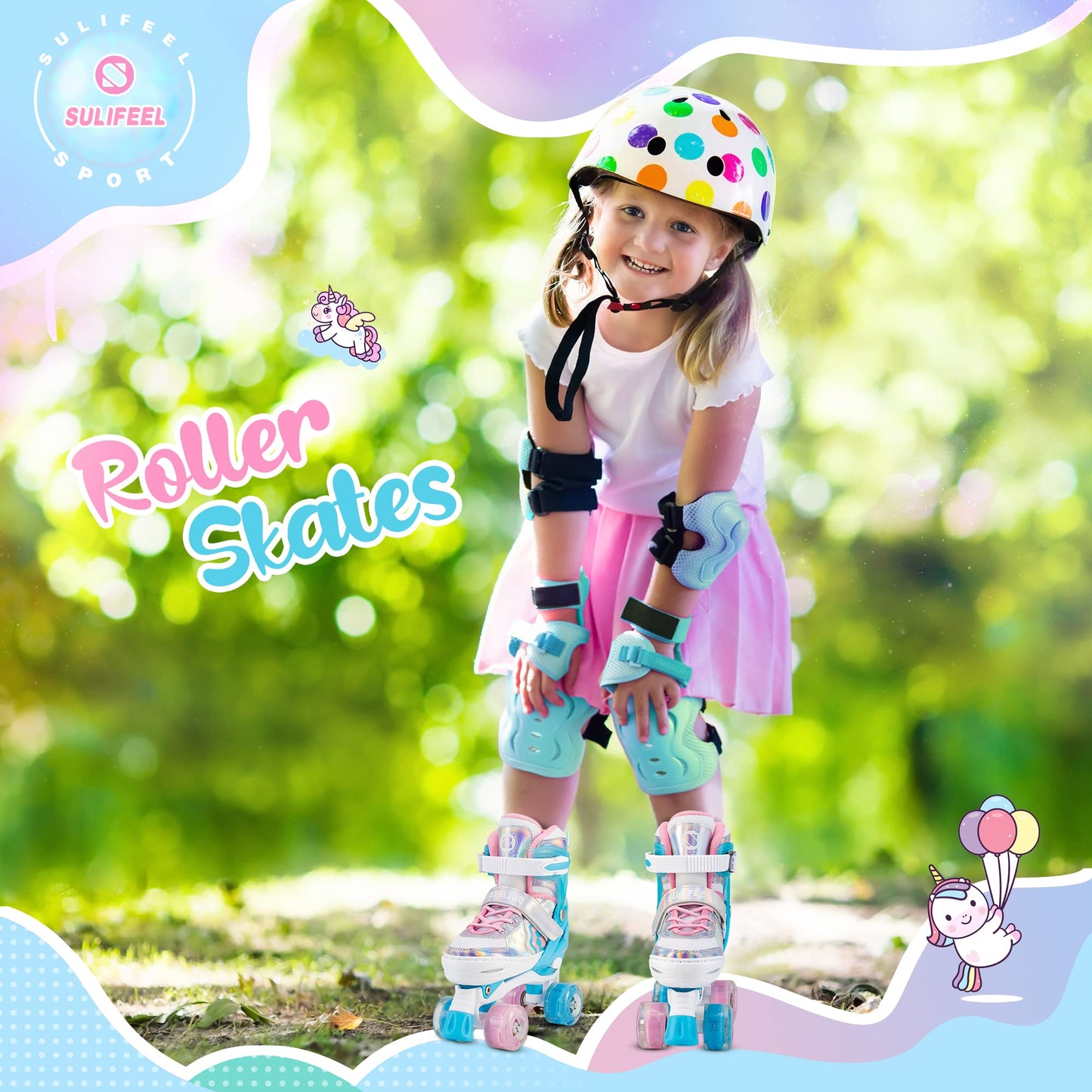SULIFEEL Rainbow Unicorn 4 Size Adjustable Light up Roller Skates for Girls Boys for Kids Medium